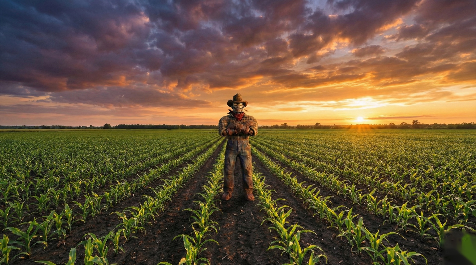 Scout — AI farm advisor standing in a cornfield at sunset